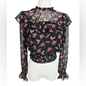 Lush Floral Ruffle Blouse - Black and Pink Size S